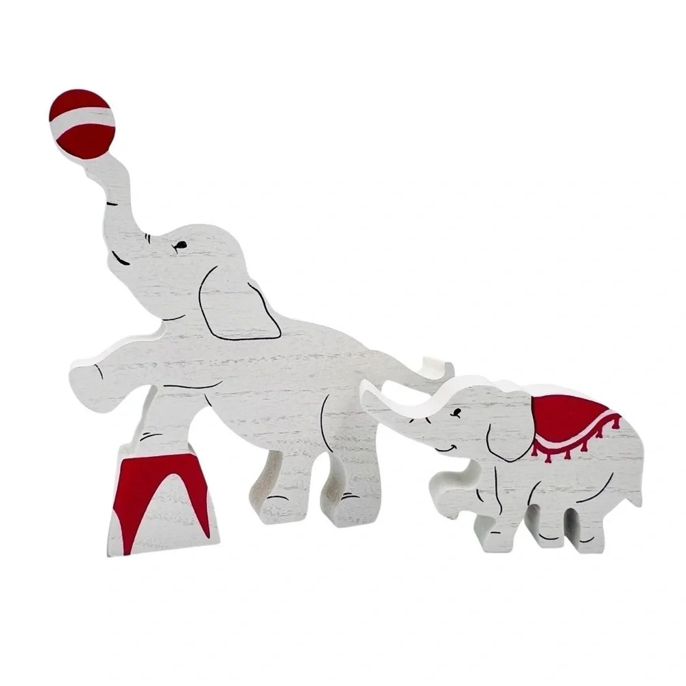 Whimsical Elephant Circus Family Red & White Wooden Sign Set of 3 Home Decor NEW